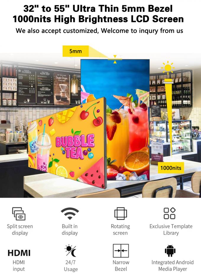 32~55 cali Super Slim wifi Loop LCD Video Wall 1000nit Splice dla centrów handlowych Wayfinding Digital Signage Screen Wall 0