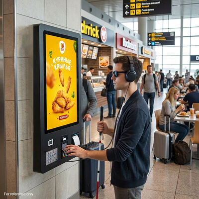 Kiosk samoobsługowy o przekątnej 32 cali, zgodny z ADA i przystosowany dla osób poruszających się na wózkach inwalidzkich, z interaktywnym terminalem z ekranem dotykowym i regulacją wysokości